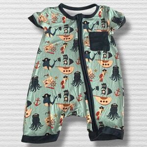 Pirate Nautical Bamboo Blend Baby Romper 3-6M Ocean Print Short Sleeve One Piece